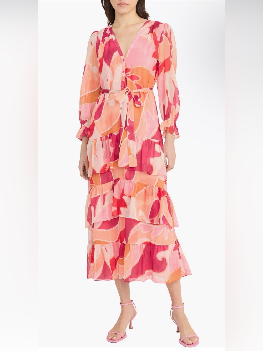 Donna Morgan Floral-Print Belted Tiered Maxi dress size6 Button Closures NWT